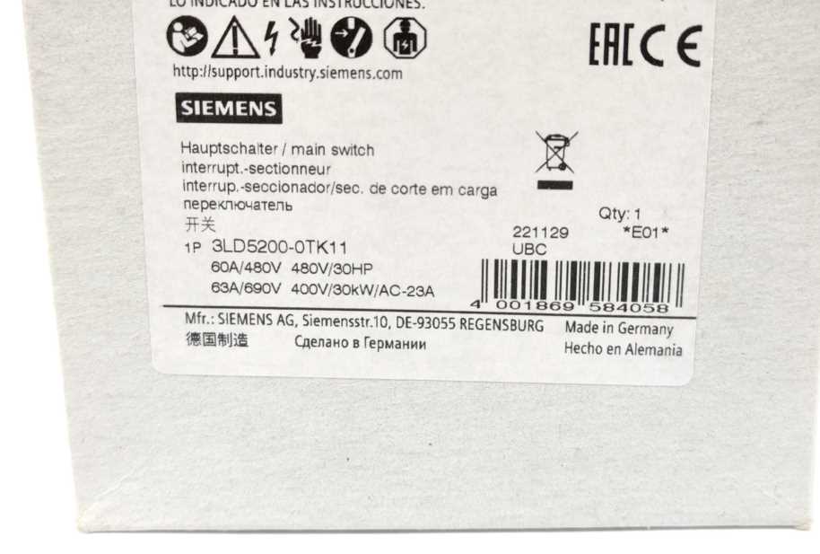 Siemens 3LD5200-0TK11 SENTRON 3LD5 switch disconnector UL