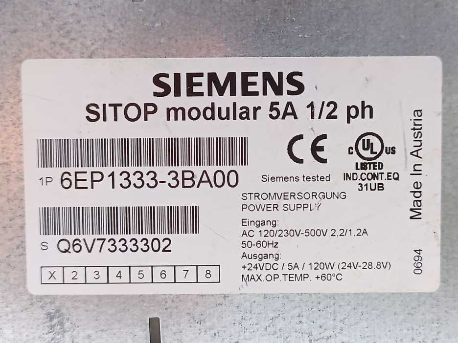Siemens 6EP1333-3BA00 SITOP PSU200M Power Supply 24V/5A