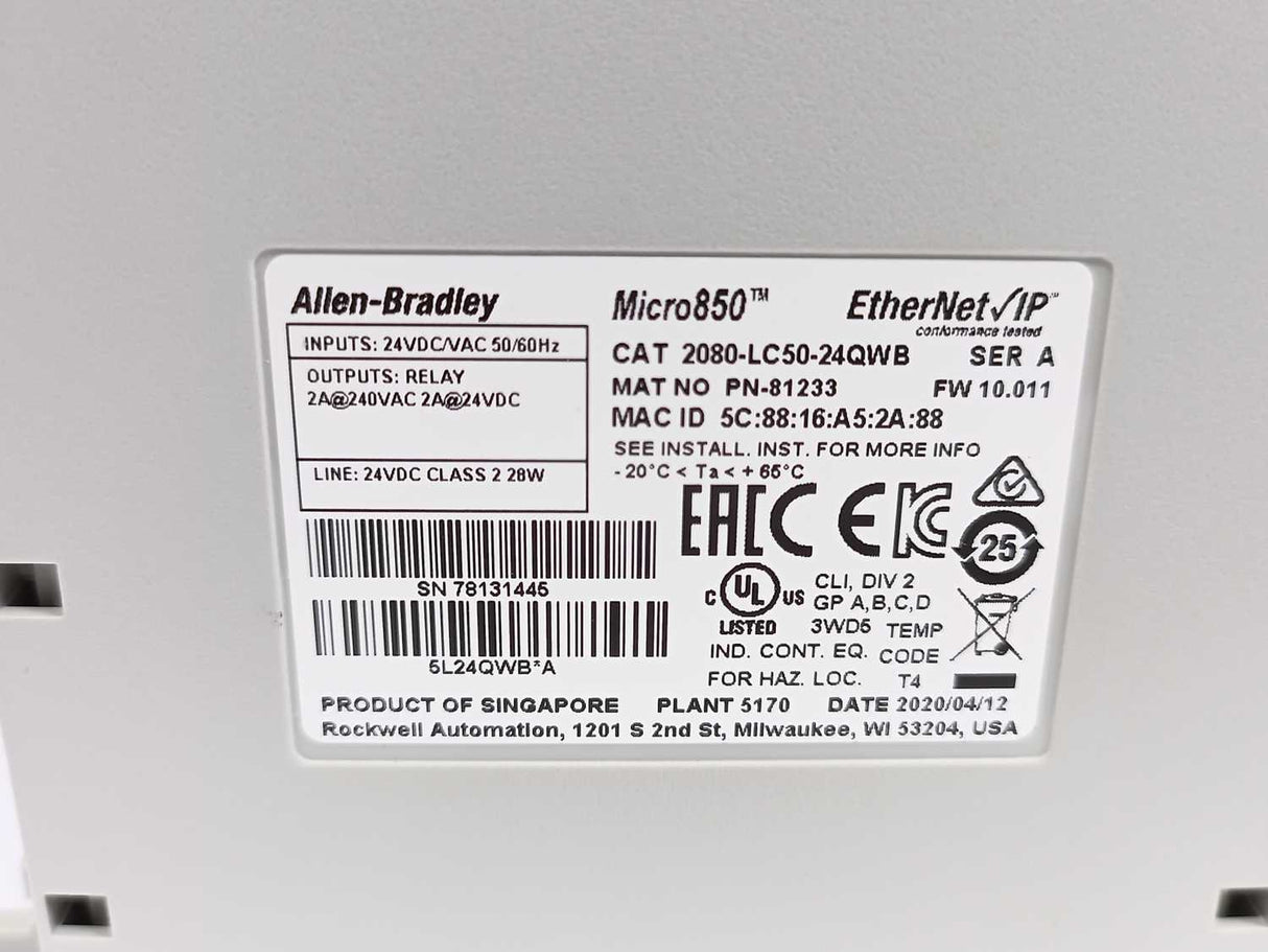 AB 2080-LC50-24QWB Ser. A Micro850 Controller