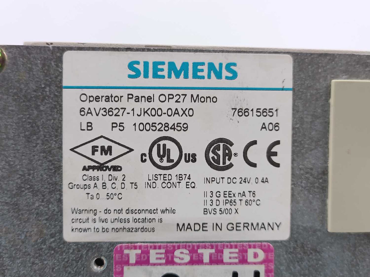 Siemens 6AV3627-1JK00-0AX0 Operator Panel OP27 Mono