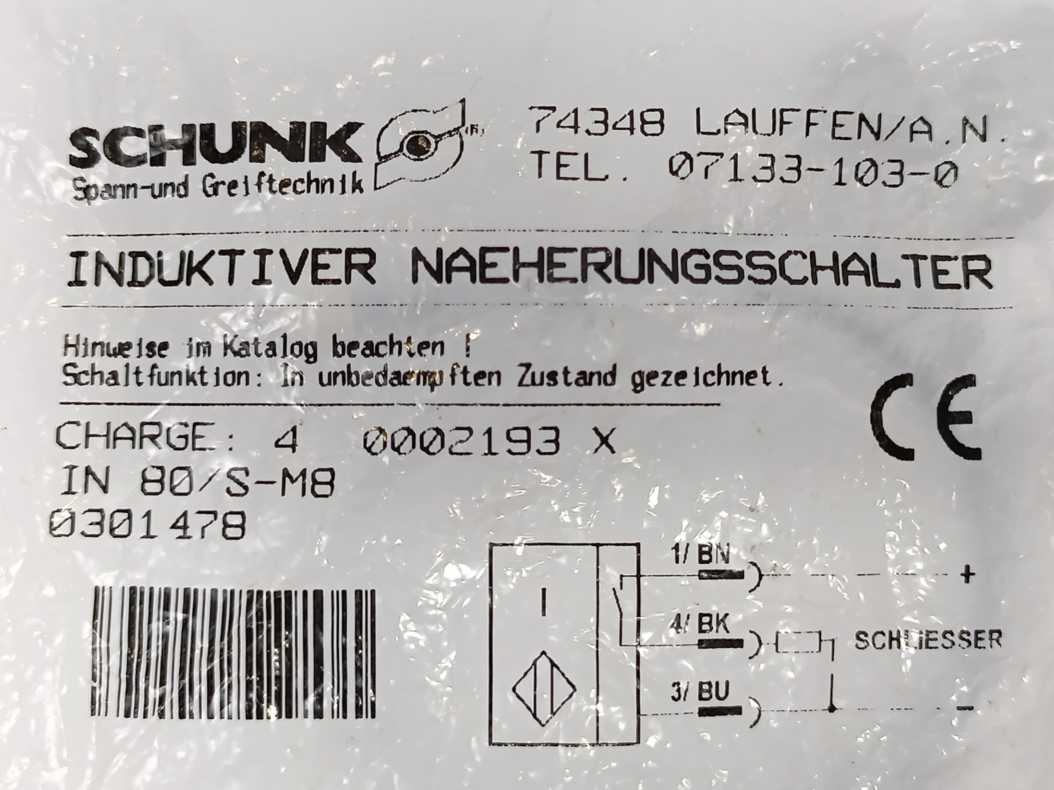 Schunk 0301478 IN 80/S-M8 Inductive Proximity Sensor Switch