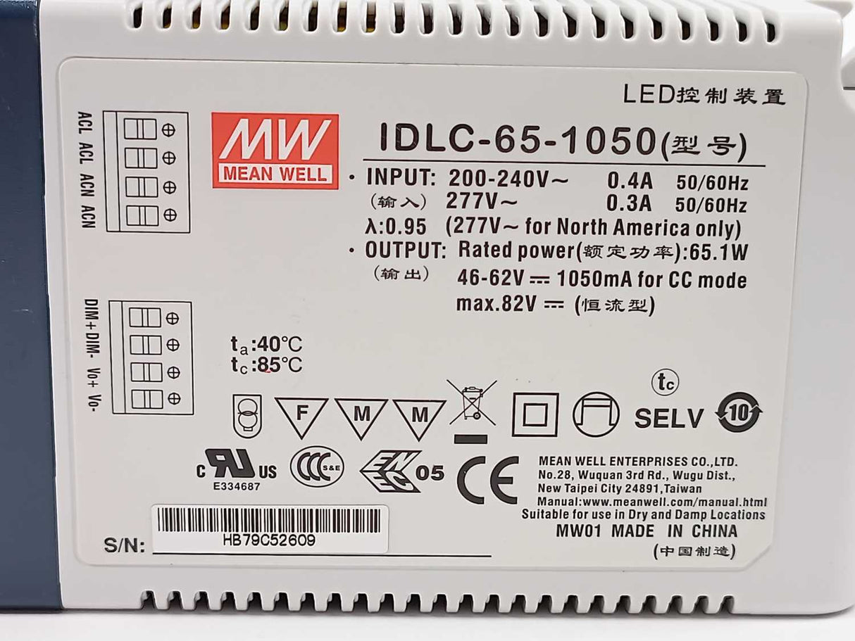 Mean Well IDLC-65-1050 AC-DC Constant Current LED Driver (CC) with PFC