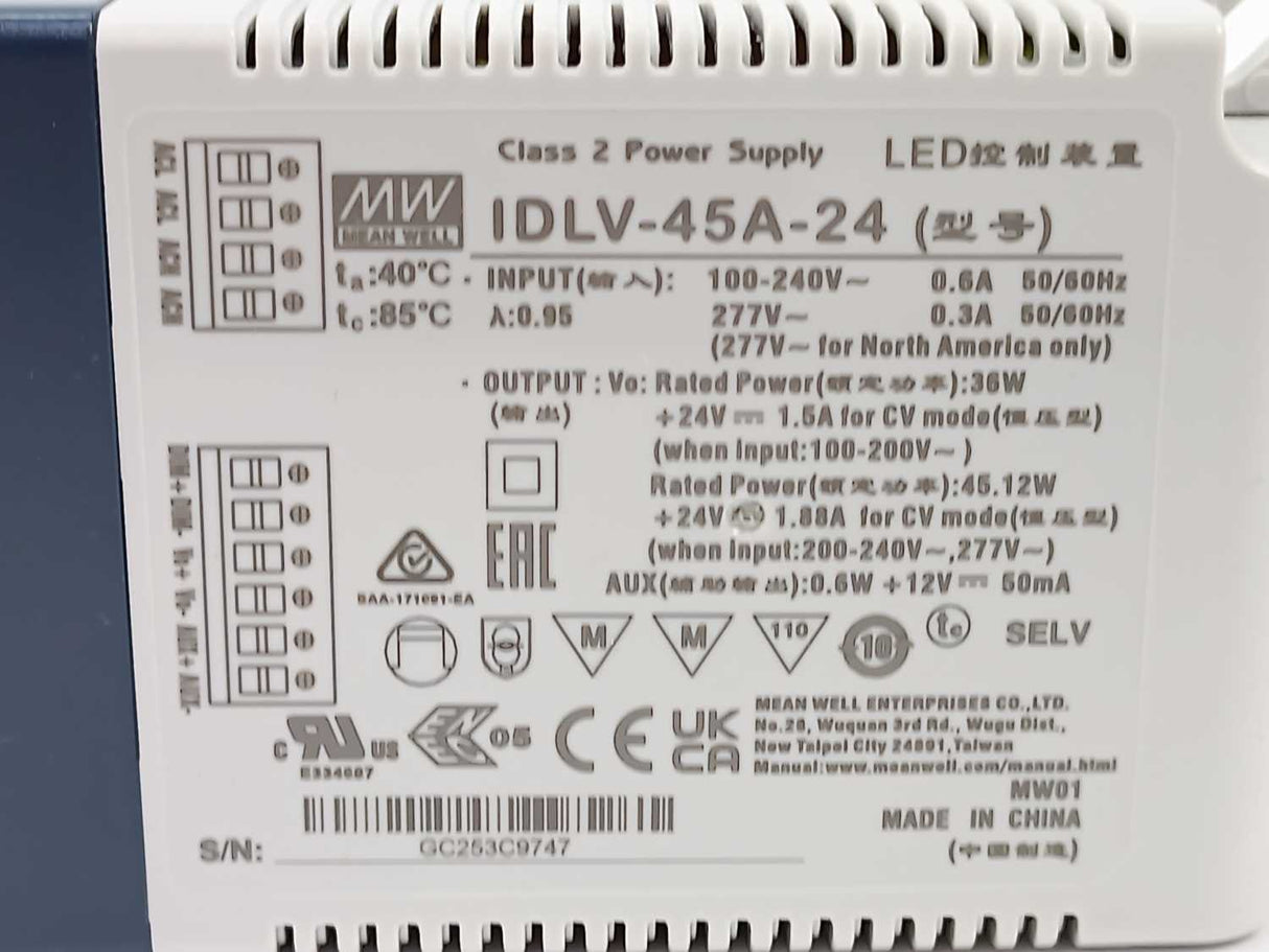 Mean Well IDLV-45A-24 AC-DC Constant Voltage LED Driver (CV);