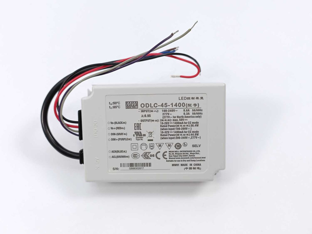 Mean Well ODLC-45-1400 Input range 90-295VAC; Output 32VDC at 1.4A