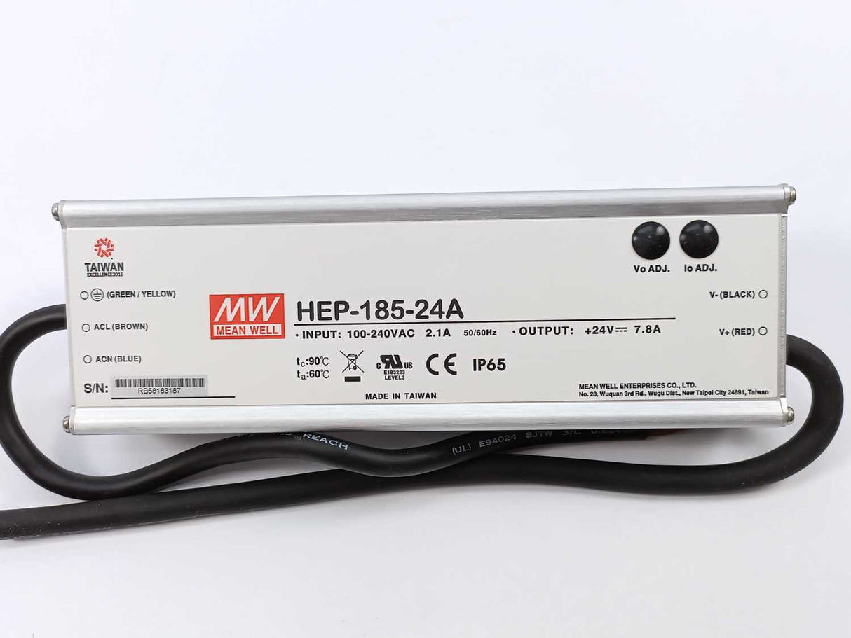 Mean Well HEP-185-24A 24Vdc at 7.8A,  industrial power supply with PFC