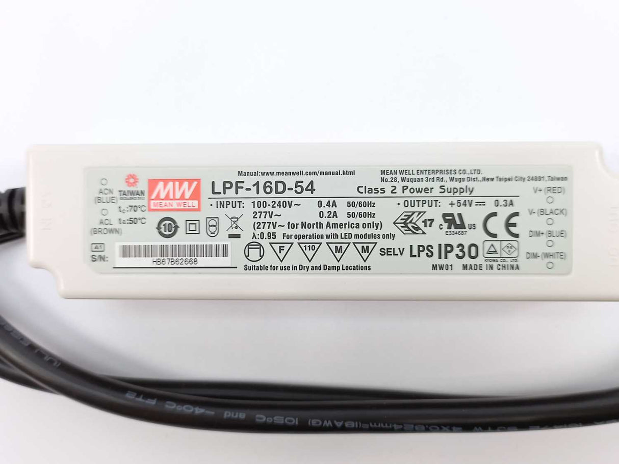 Mean Well LPF-16D-54 54Vdc at 0.3A, Dimming with 1-10V PWM resistance