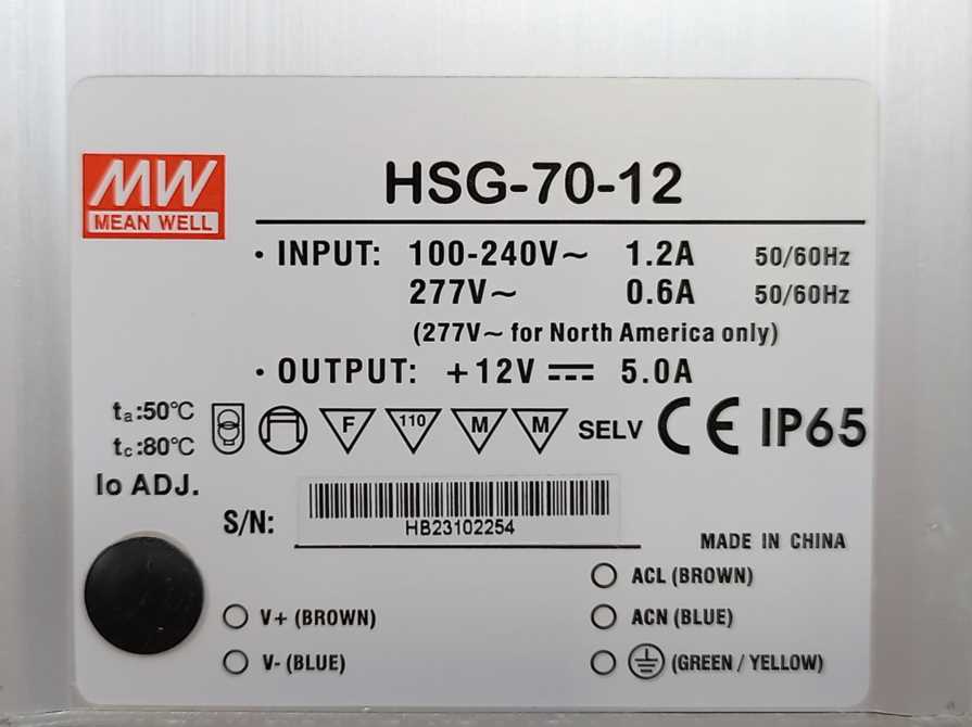 Mean Well HSG-70-12 60W, Input 10-240V 1.2A 277V 0,6V; Output 12V 5,0A