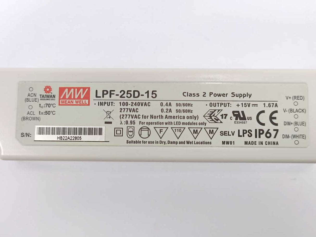 Mean Well LPF-25D-15 LED Power Supplies 25W 15V 1.67A