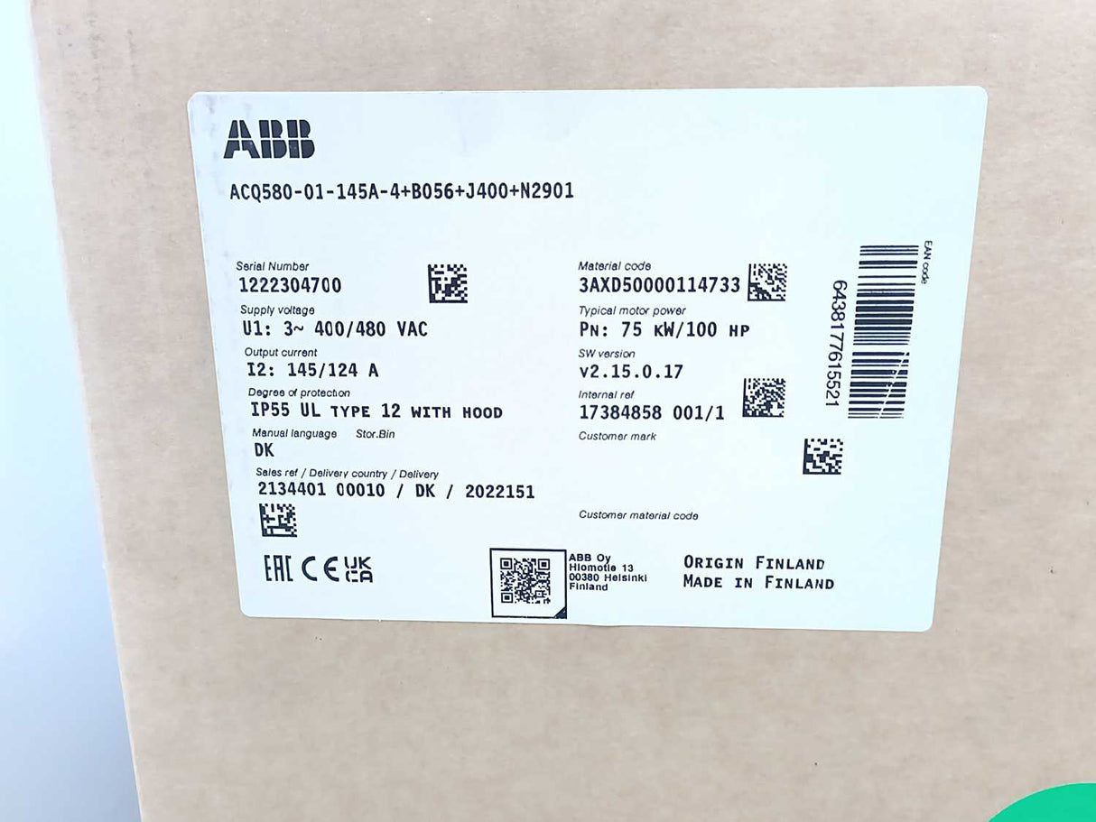 ABB 3AXD50000114733 Water Drive, ACQ580-01 ACQ580-01-145A-4+B056+J400+N2901