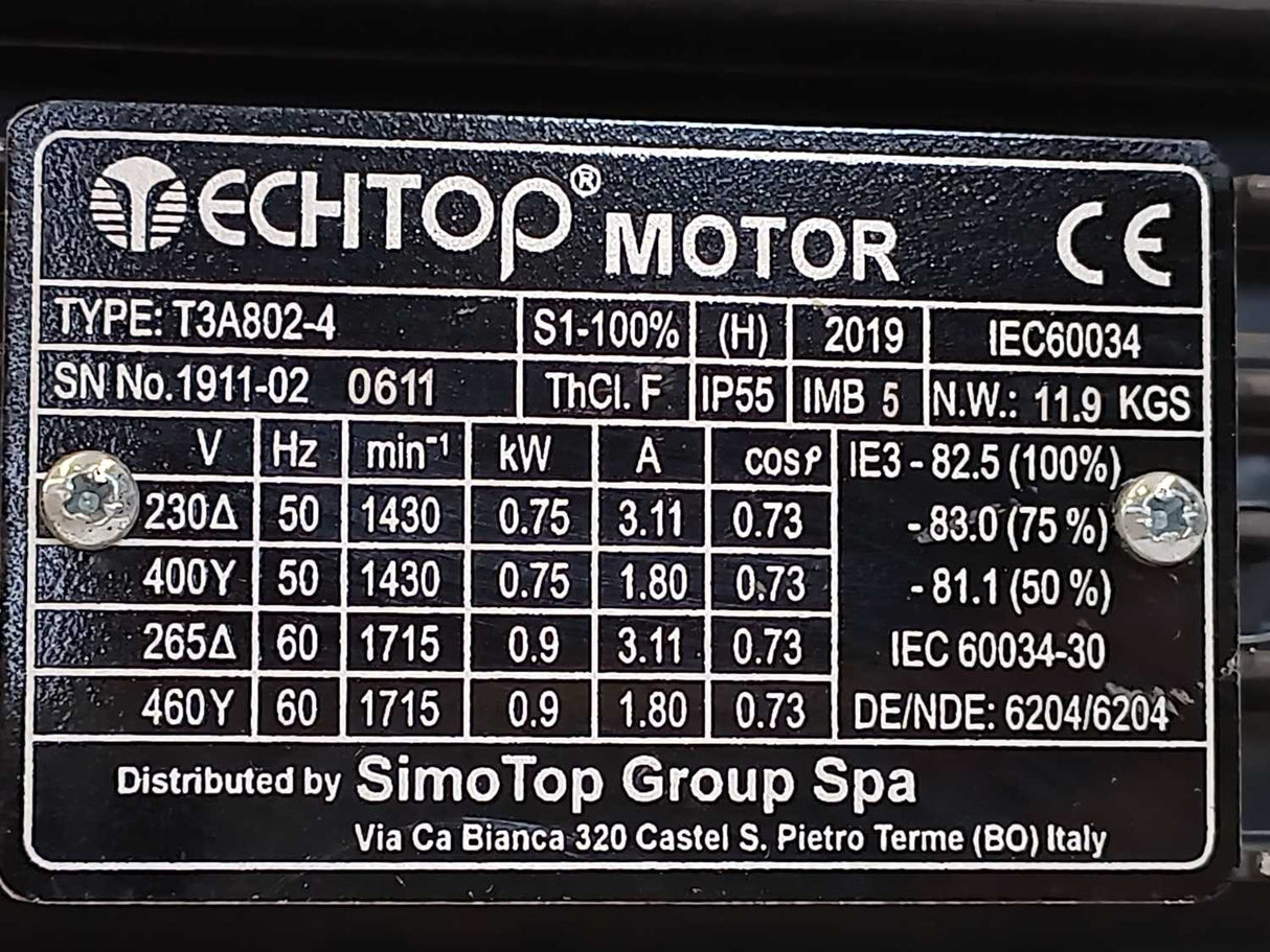 Techtop T3A802-4 3 Phase Asynchronous Induction Motor 0.75-0.9kW