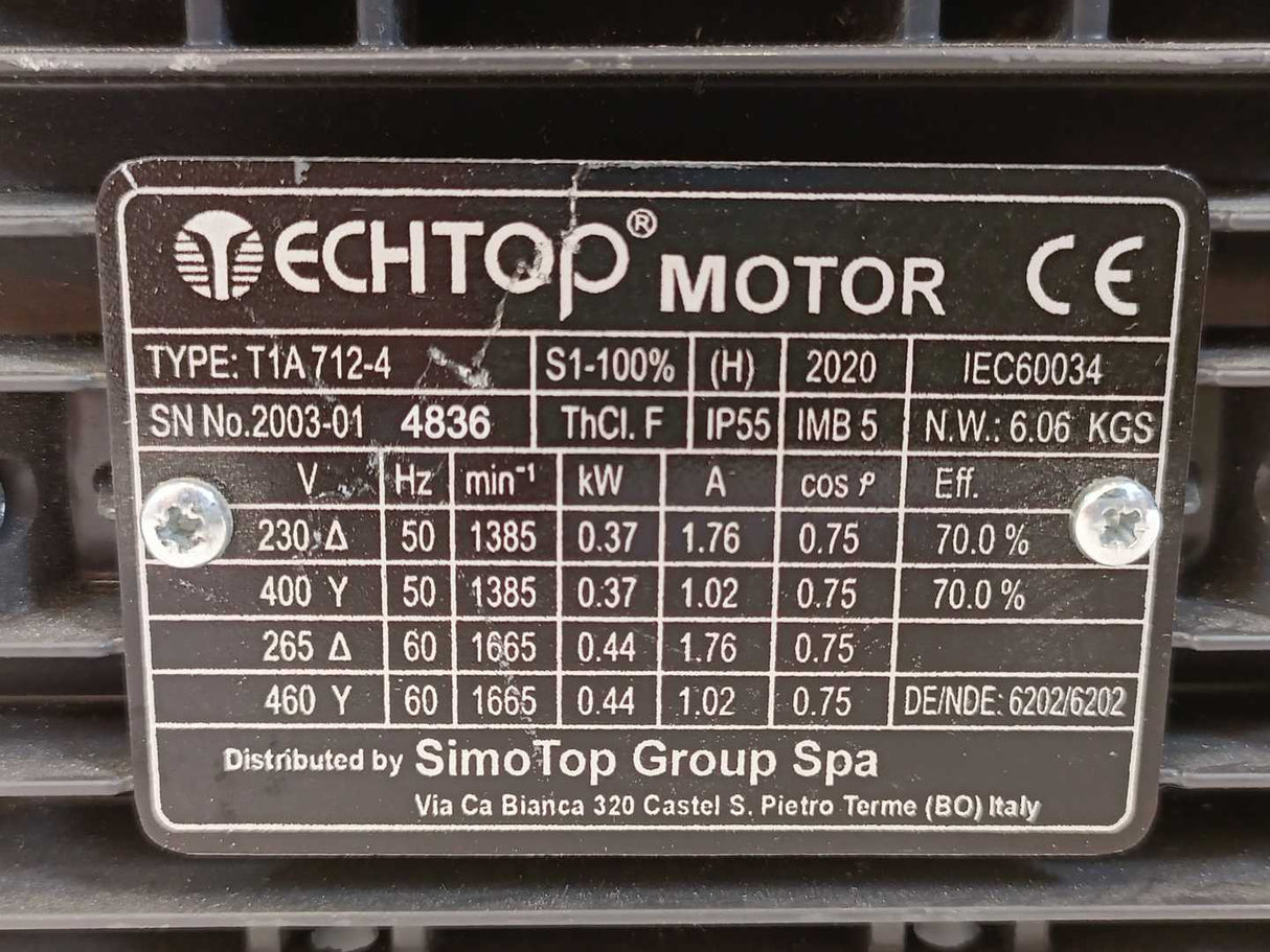 Techtop T1A712-4 3 Phase Asynchronous Induction Motor 0.37-0.44kW