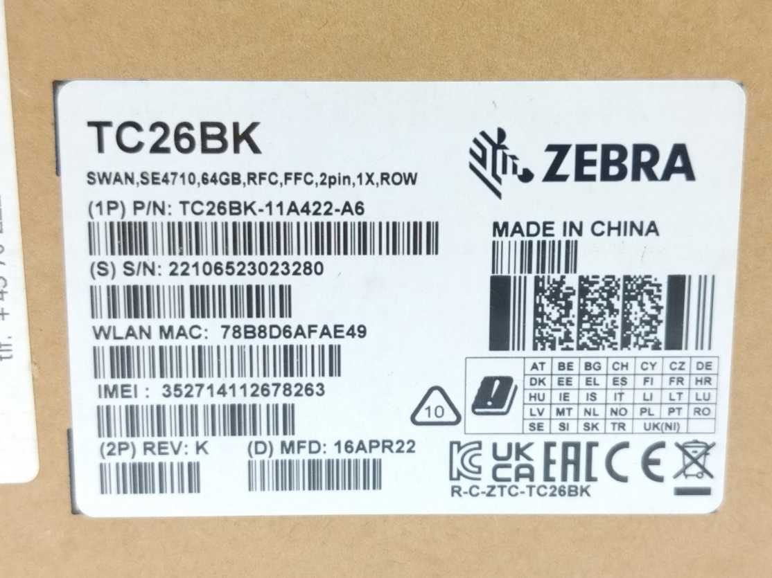 Zebra TC26BK-11A422-A6 Barcode scanner with adapter and battery TC26BK