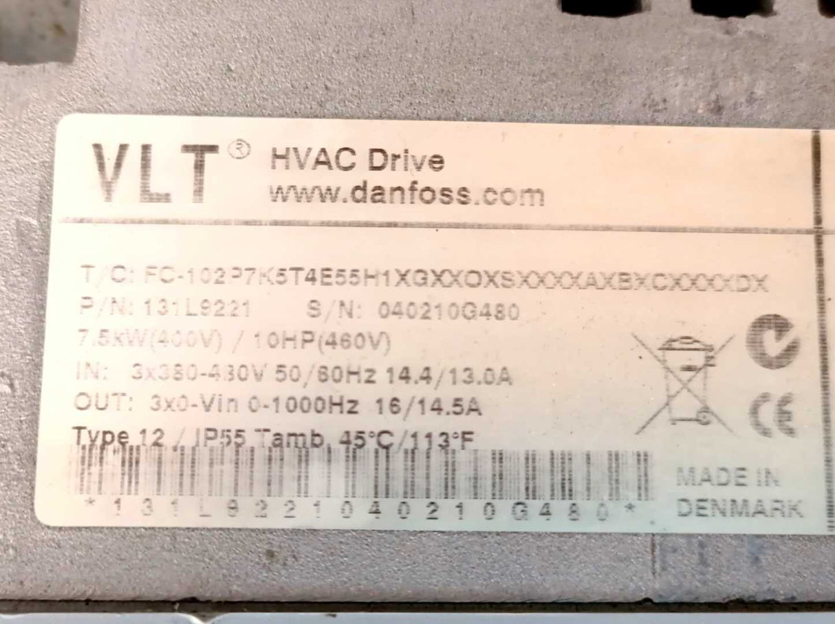Danfoss 131L9221 FC-102P7K5T4E55H1 10HP FC-102 series