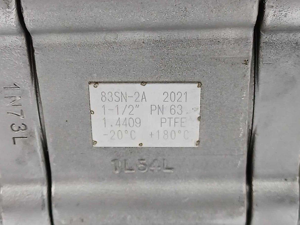 Mars Valve 83SN-2ADET 11/2" FB Ball Valve, PN63, 1.4409 PTFE, SN:2108200001