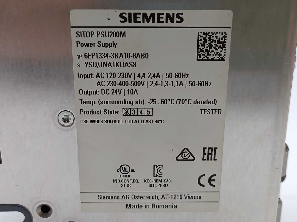 Siemens 6EP1334-3BA10-8AB0 Sitop PSU200M 24V/10A Power Supply