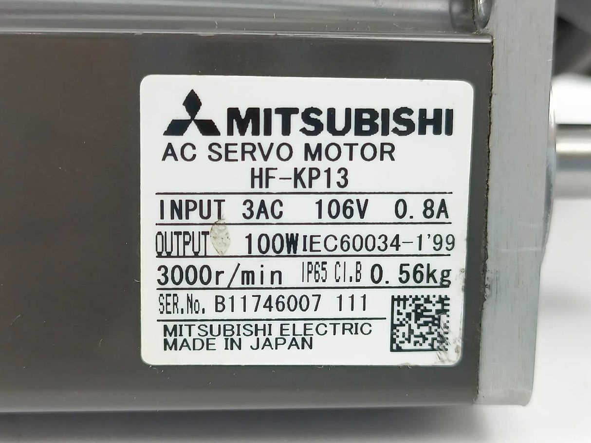 Mitsubishi HF-KP13 AC Servo Motor IN: 3AC, 106V, 0,8A, Out: 100W, 3000r/min