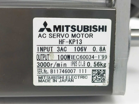 Mitsubishi HF-KP13 AC Servo Motor IN: 3AC, 106V, 0,8A, Out: 100W, 3000r/min