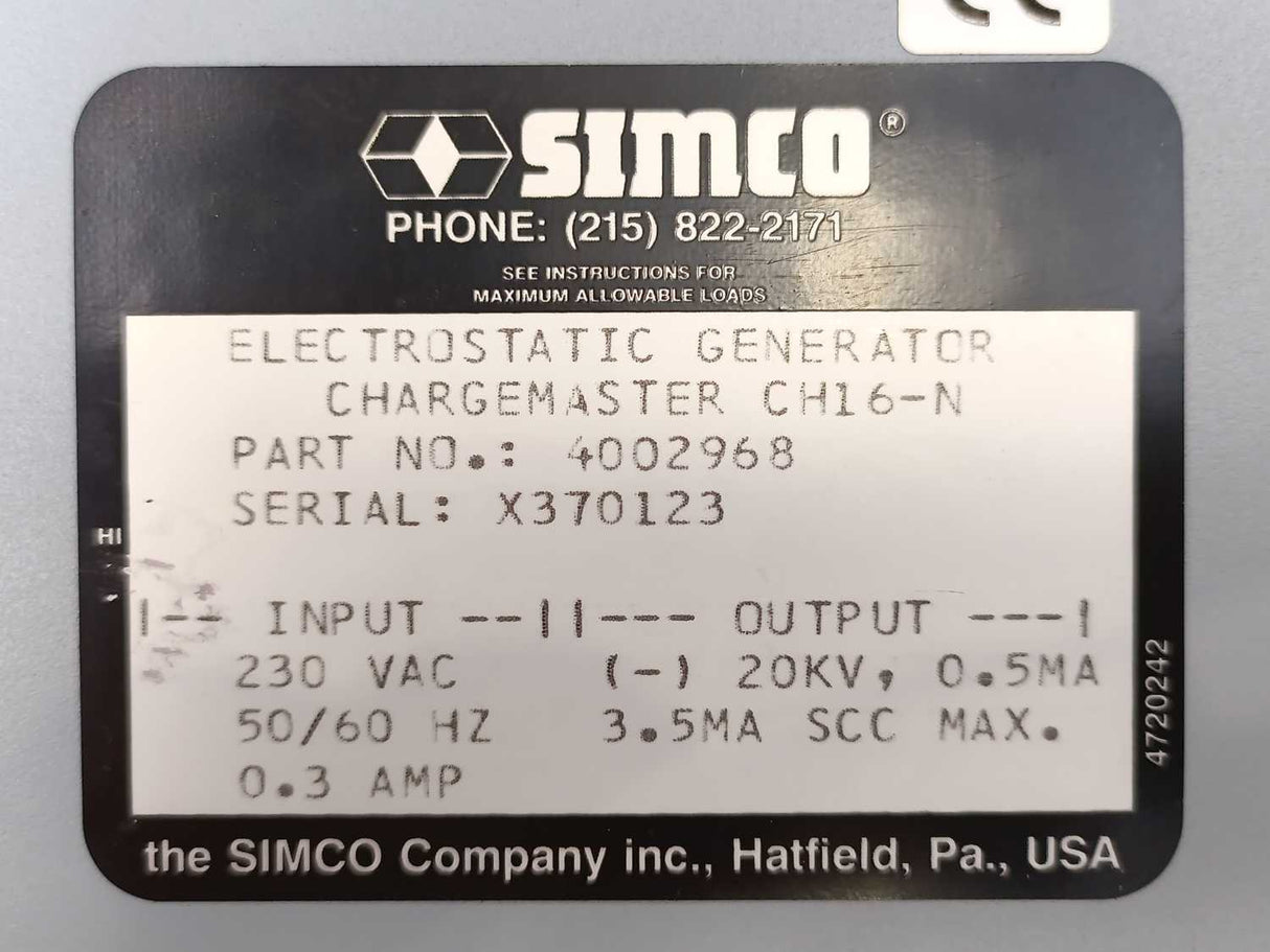 Simco CH16-N Chargemaster, 4002968, 20KV Electrostatic Generator
