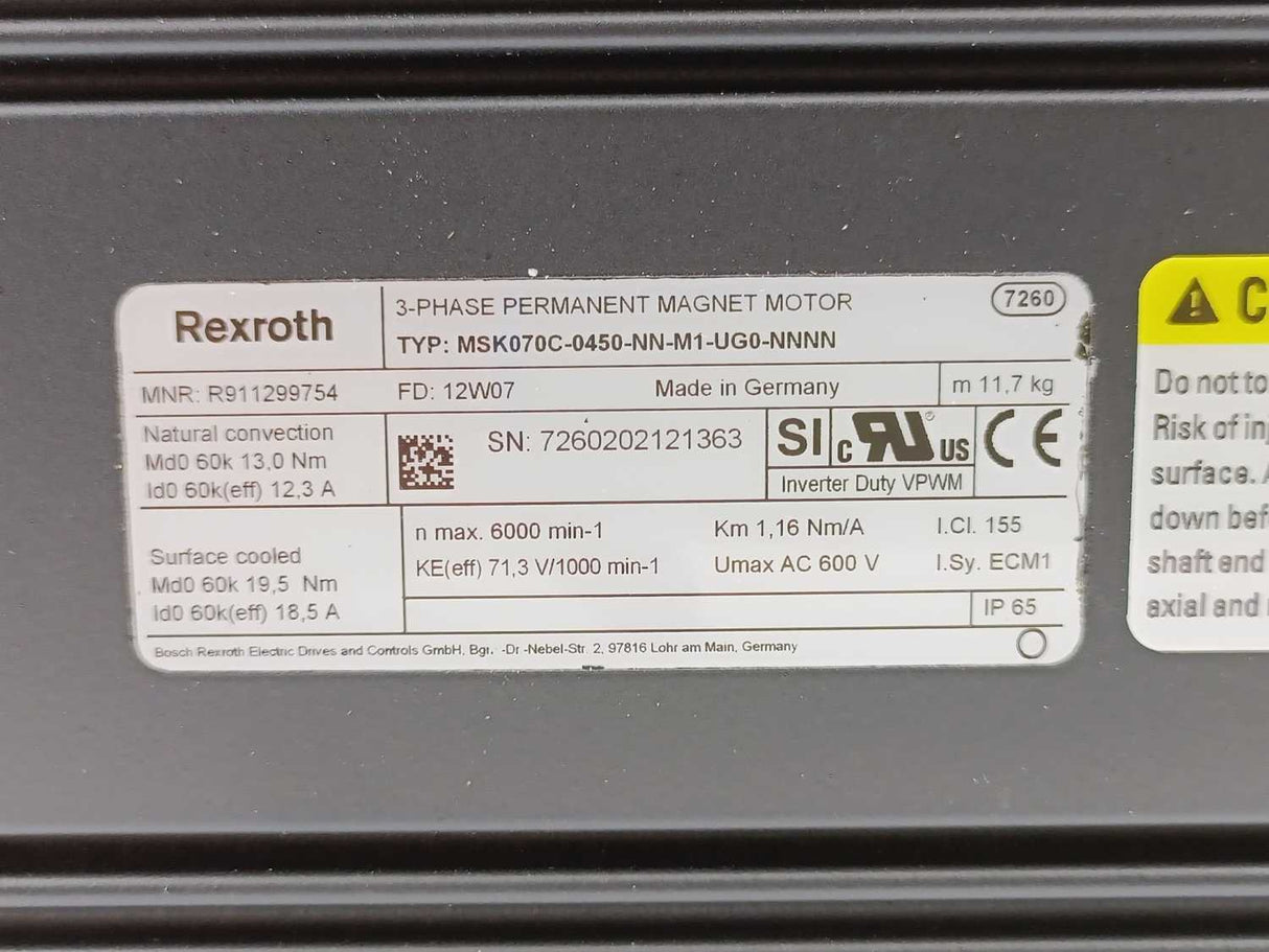 Rexroth R911299754 MSK070C-0450-NN-M1-UG0-NNNN Servomotor 3 Phase