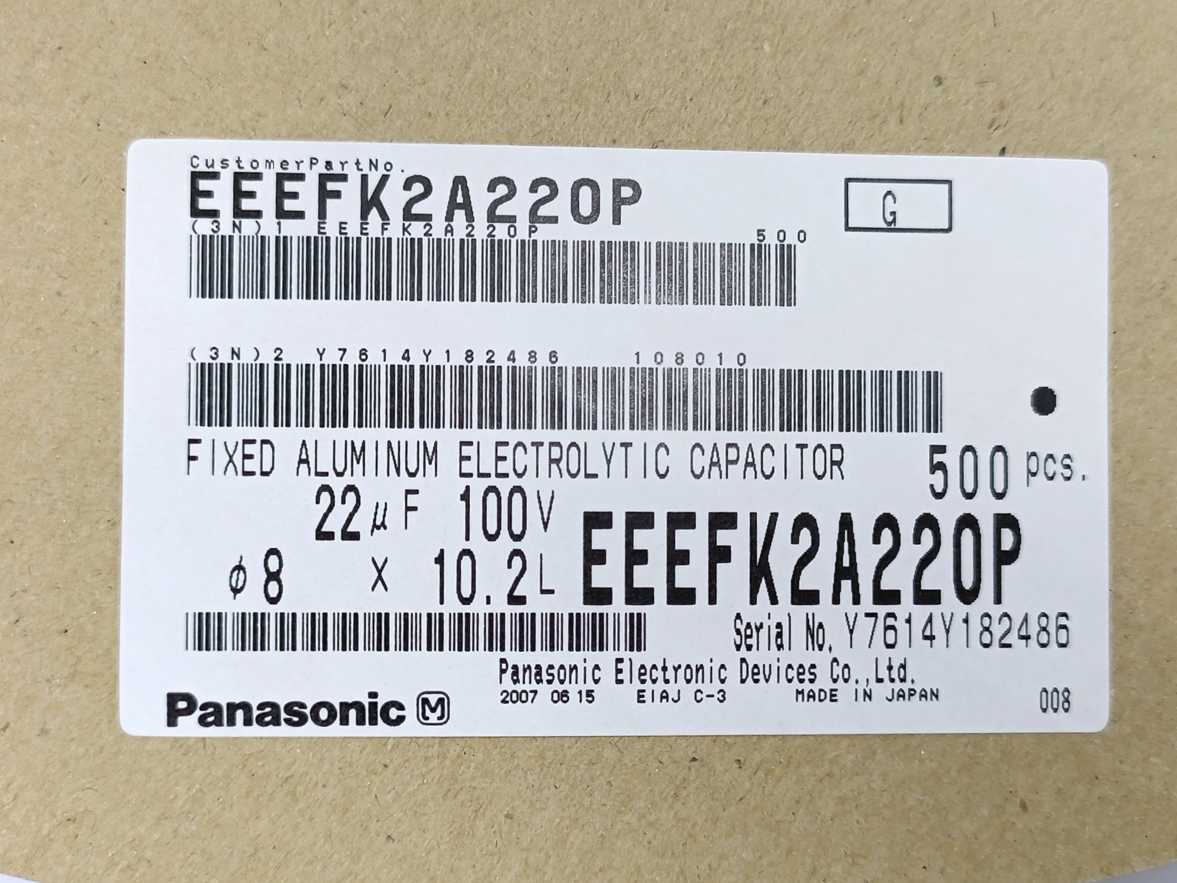 Panasonic EEEFK2A220P Fixed Aluminum Capacitors 500pcs. 22uF, 100VDC