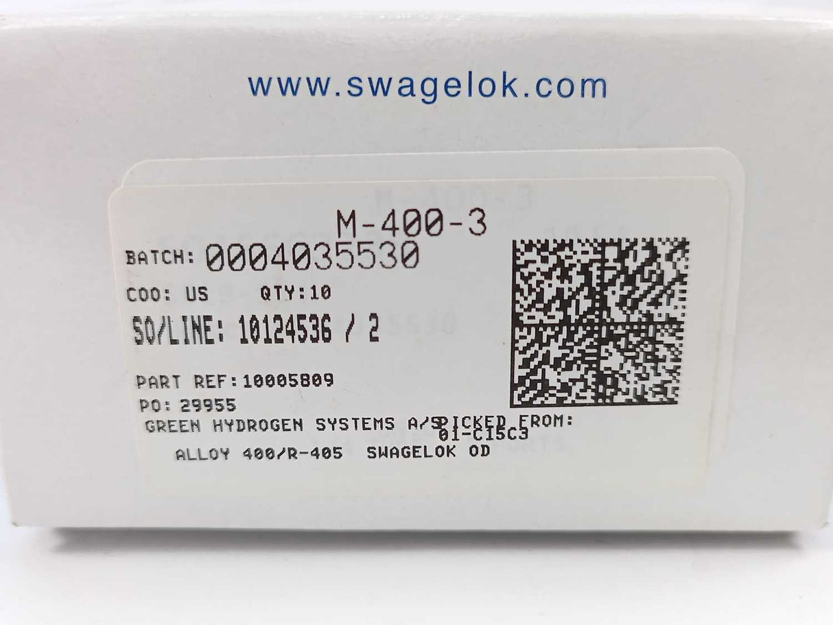 Swagelok M-400-3 Tube Fitting, Union Tee, 1/4 in. Batch of 10 pcs.