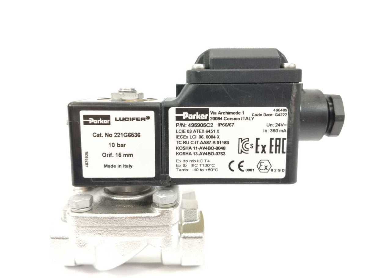 Parker 495905C2 LUCIFER Solenoid Coil w. 221G6536 Valve