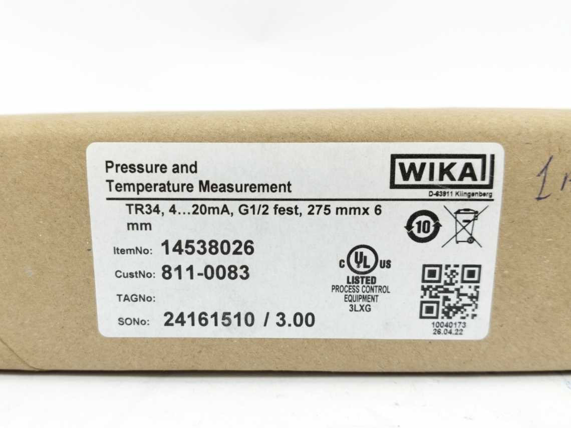 WIKA 14538026 TR34-B-TT Miniature Thermometer 275mm