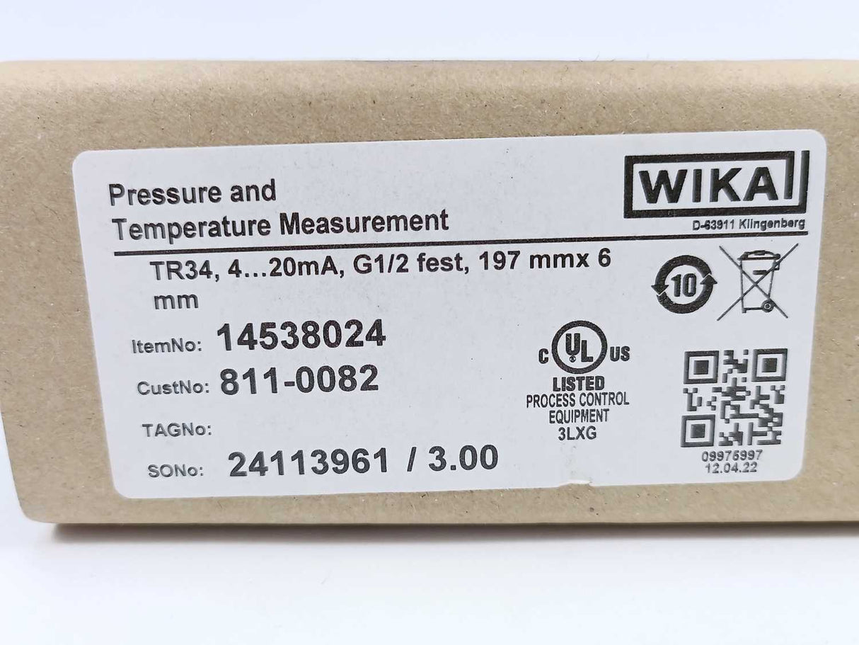 WIKA 14538024 TR34-B-TT Miniature Resistance Thermometer