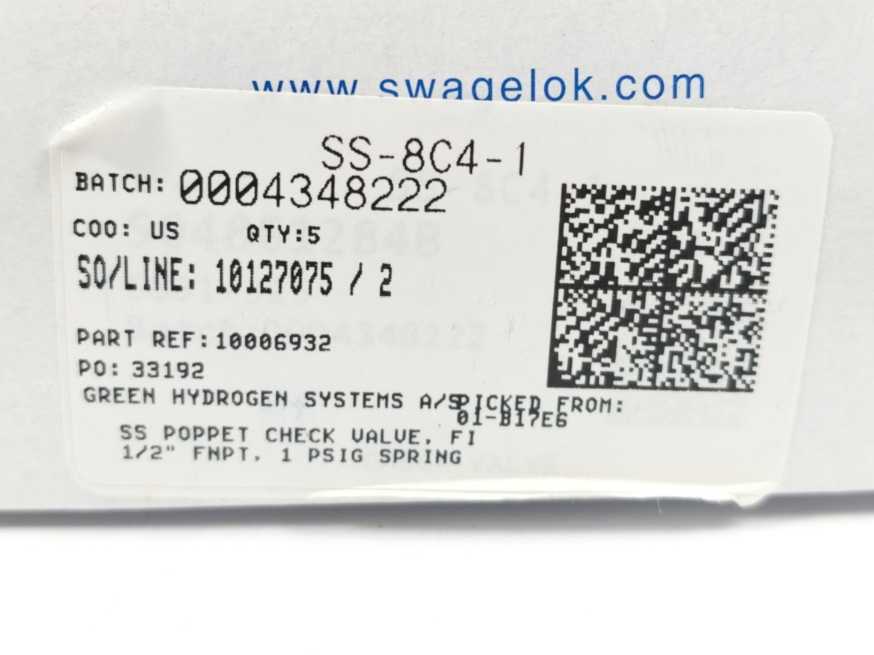 Swagelok SS-8C4-1 Stainless Steel Poppet Check Valve 5pcs.