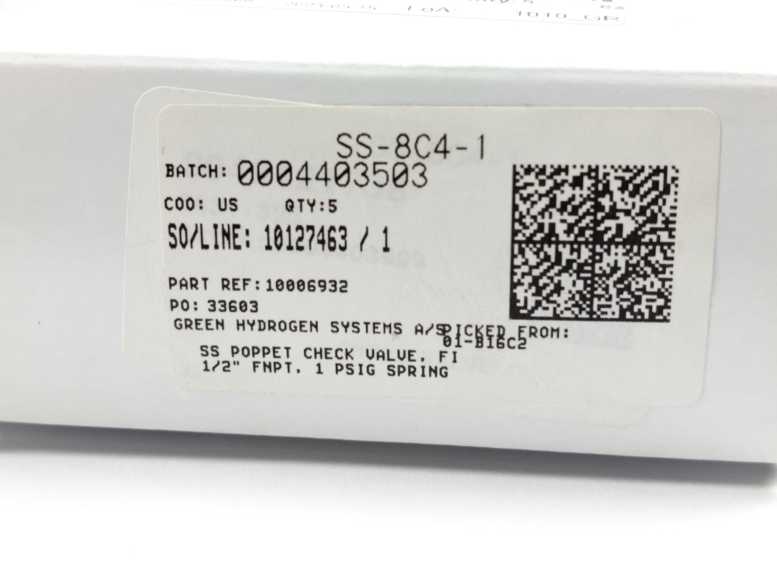 Swagelok SS-8C4-1 Stainless Steel Poppet Check Valve 5 Pcs.