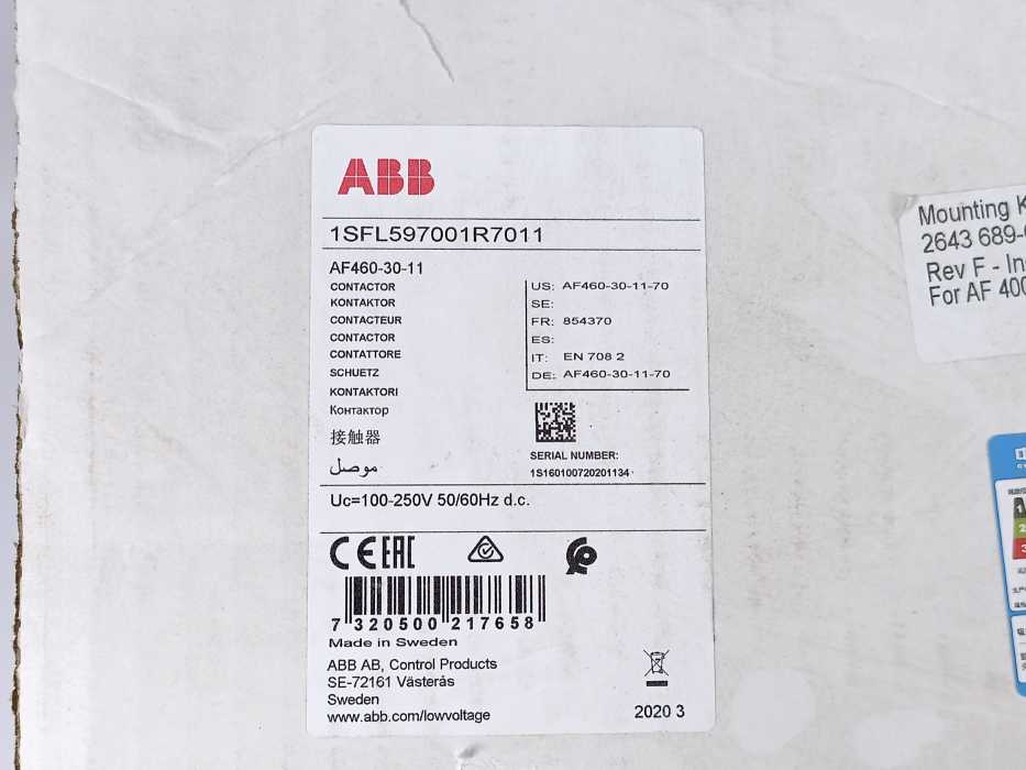 ABB 1SFL597001R7011 AF460-30-11-70 100-250V 50/60Hz / 100-250V DC Contactor