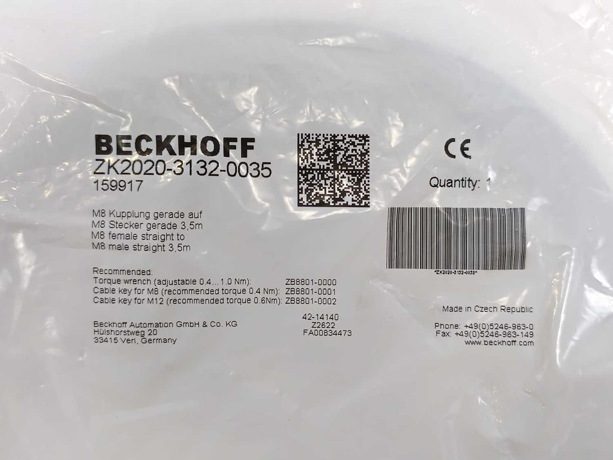 Beckhoff ZK2020-3132-0035 Power Cable 3.50 m, M8 female to M8 Male straight