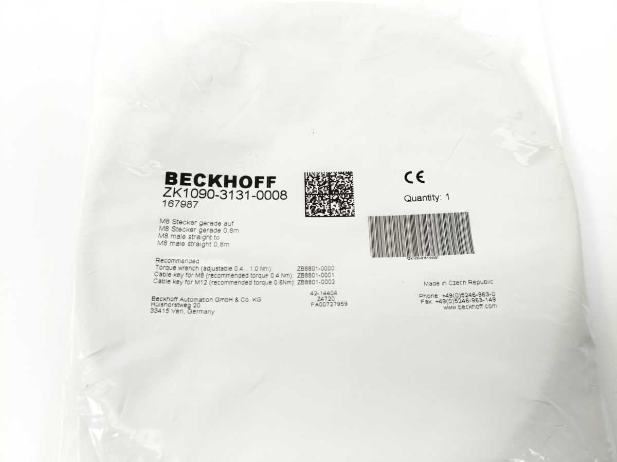Beckhoff ZK1090-3131-0008 EtherCAT Cable 0.80 m, M8 male to M8 male straight