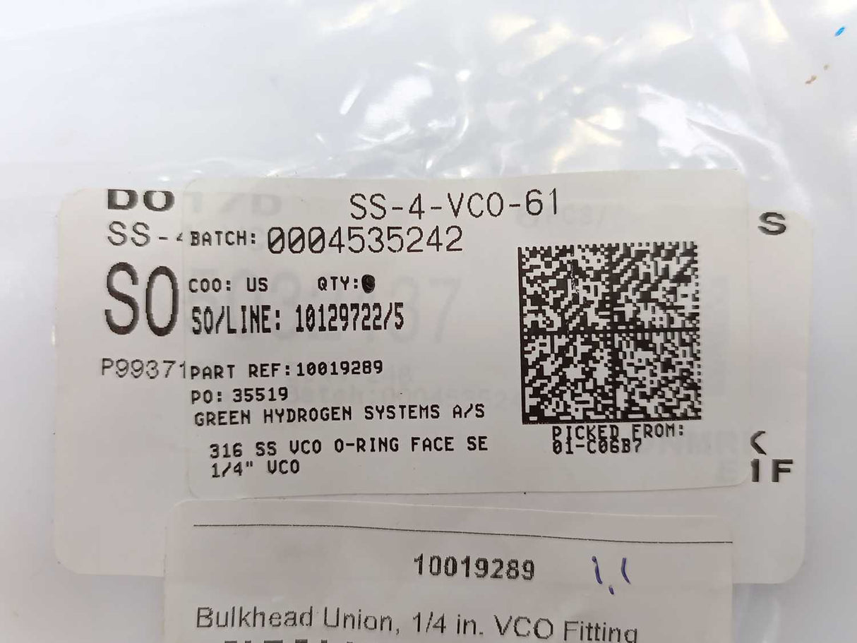 Swagelok SS-4-VCO-61 Bulkhead Union 1/4 in. VCO Fitting 4Pcs. Batch