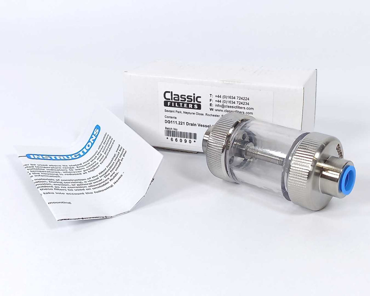 Classic Filters DG111.221 Drain Vessel 1/4" NPT, Pyrex, Viton Max Temp 100C