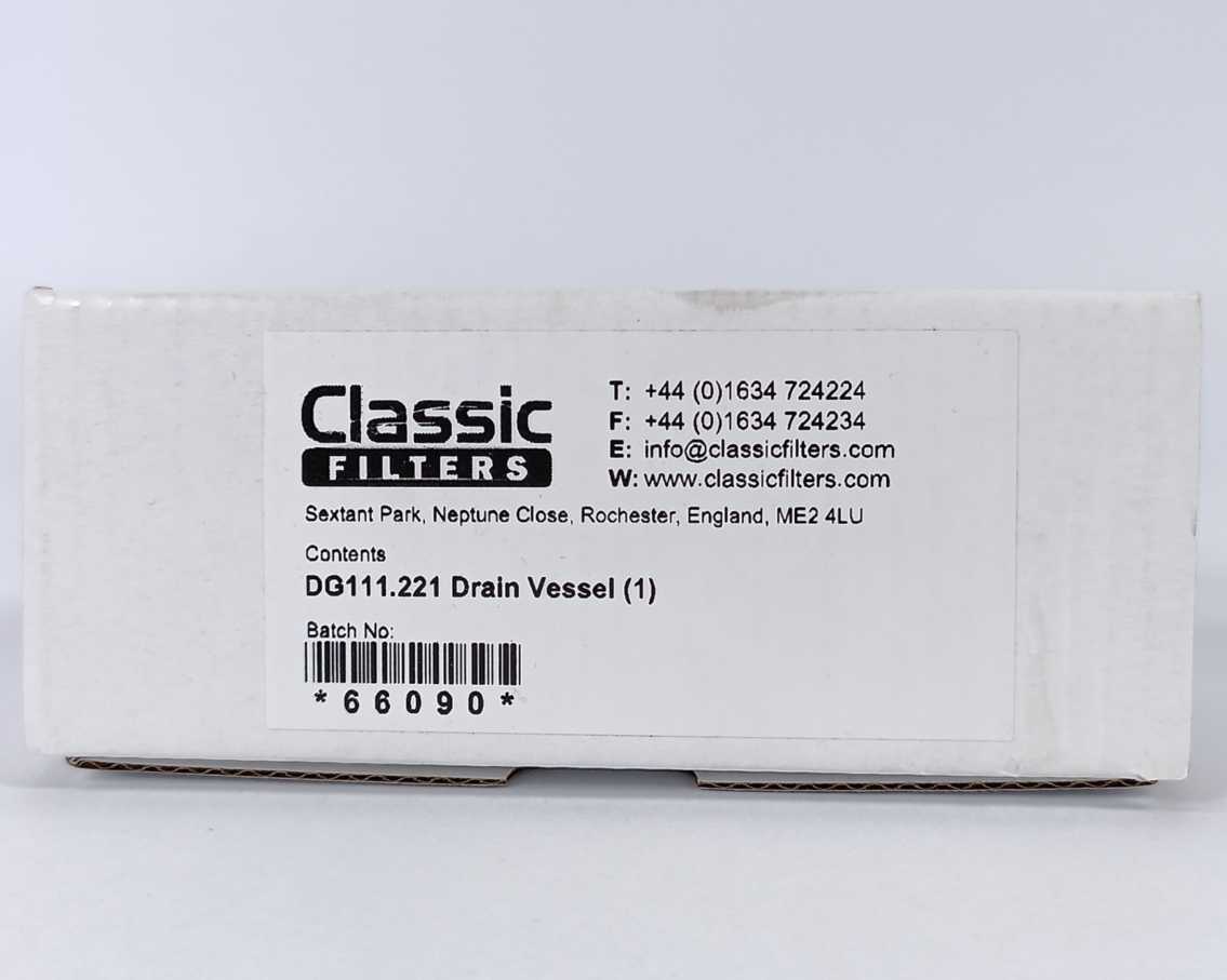 Classic Filters DG111.221 Drain Vessel 1/4" NPT, Pyrex, Viton Max Temp 100C