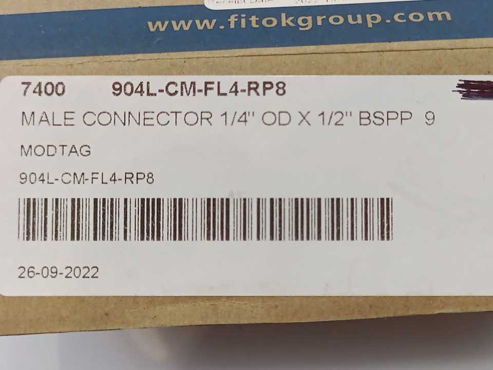 Fitok 904L-CM-FL4-RP8 Male Connector 1/4" OD x 1/2" BSPP 9 FITOK-904L 10 Pcs