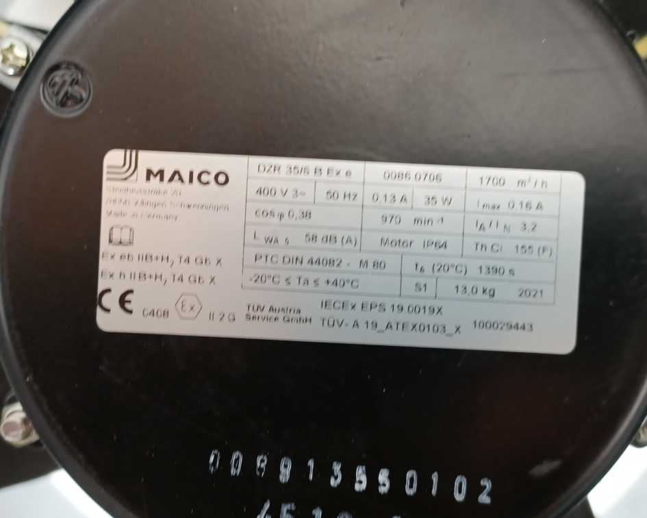 MAICO DZR 35/6 B Ex E Stahl 8118/121-804-C1587 Axial duct fan w/ Junction Box