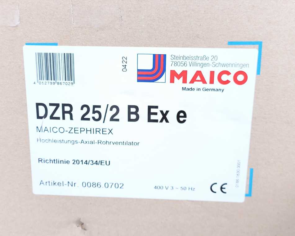 MAICO DZR 25/2 B Ex e Stahl 8118/121-804-C1587 Axial duct fan w/ Junction Box