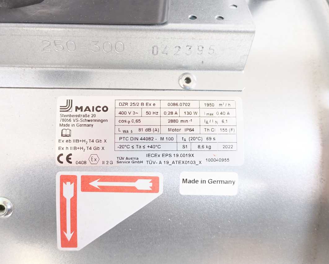 MAICO DZR 25/2 B Ex e Stahl 8118/121-804-C1587 Axial duct fan w/ Junction Box