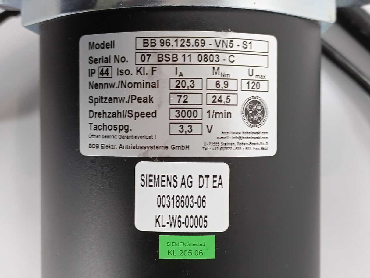 BOB Elektro. BB 96.125.69-VN5-S1 Siemens 00318603-06 Servo Motor, 1200W, 120V DC