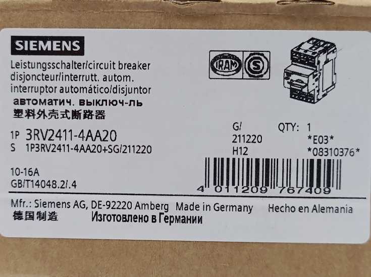 Siemens 3RV2411-4AA20 SIRIUS 3RV2 Motor Starter Protector (Circuit Breaker)