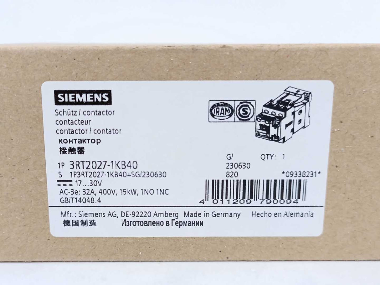 Siemens 3RT2027-1KB40 SIRIUS 3RT Power Contactor