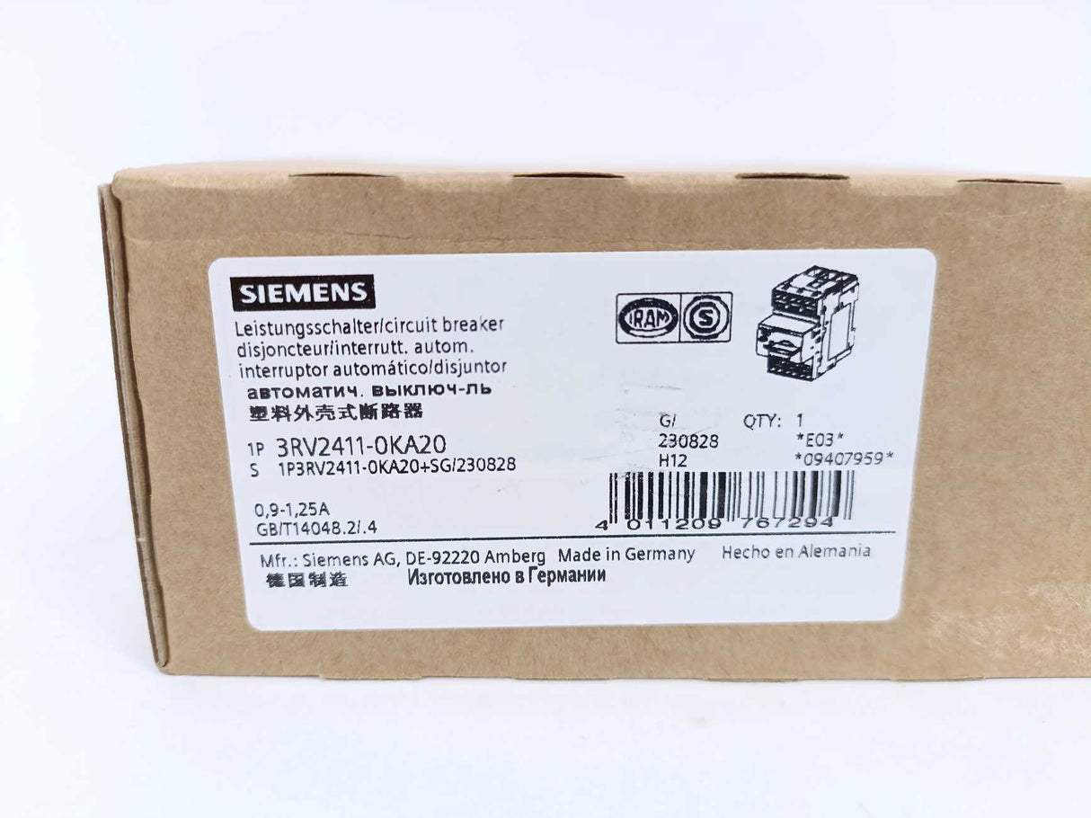 Siemens 3RV2411-0KA20 SIRIUS 3RV2 Motor Protection Circuit Breaker
