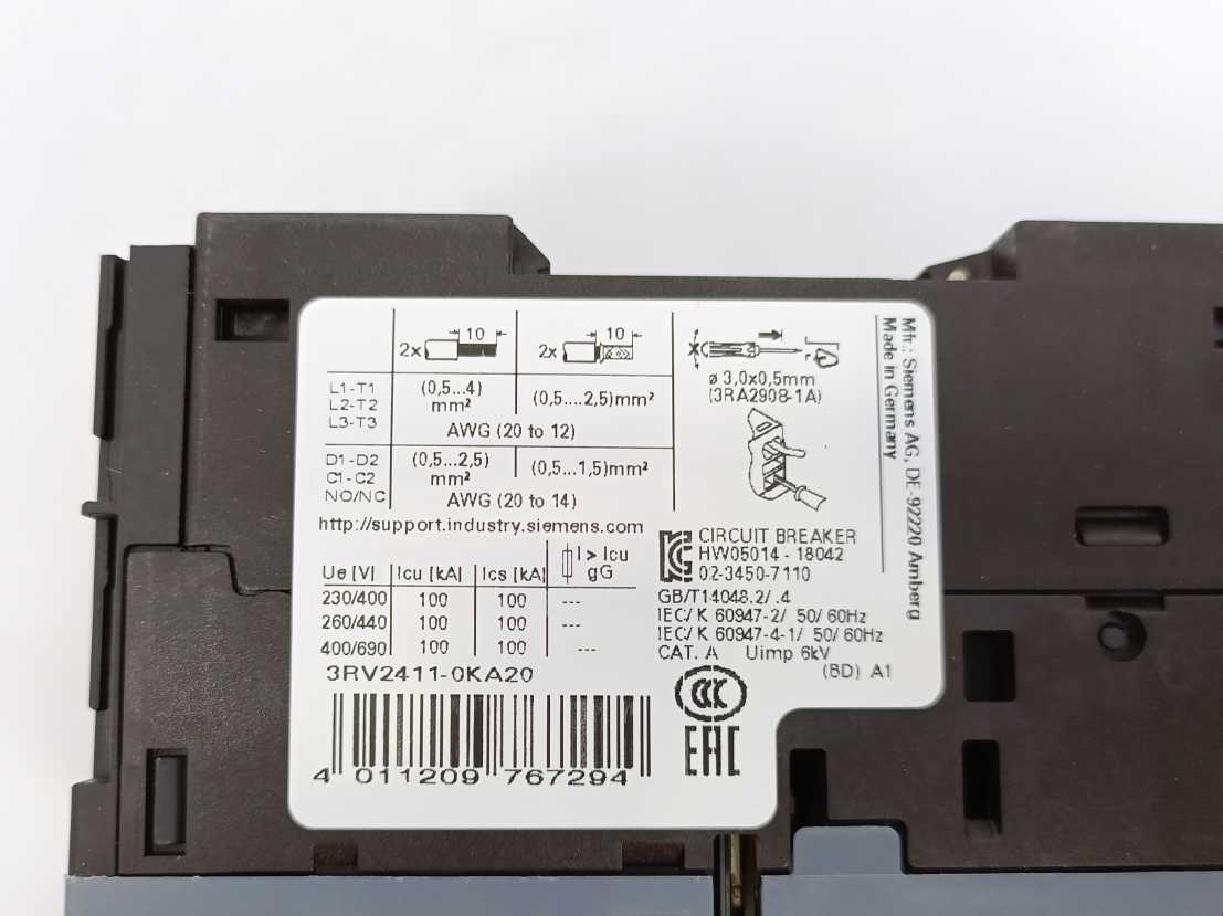 Siemens 3RV2411-0KA20 SIRIUS 3RV2 Motor Protection Circuit Breaker