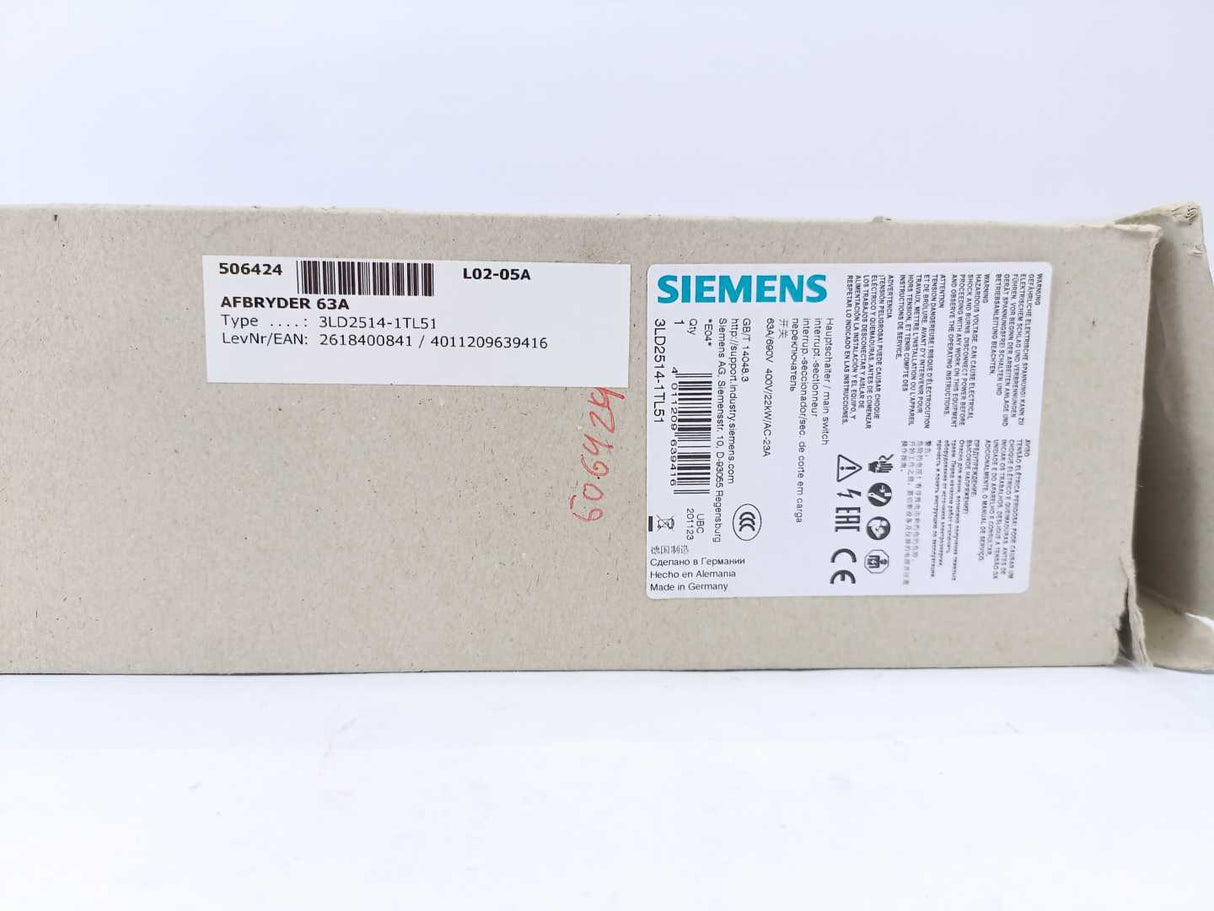 Siemens 3LD2514-1TL51 Switch Disconnector – 4-Pole, 63 A, IP65, Rotary Handle