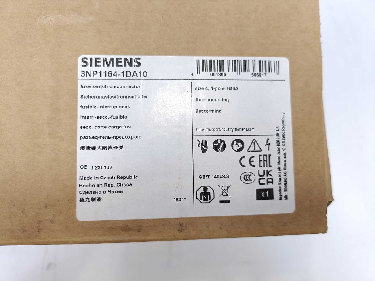 Siemens 3NP1164-1DA10 Switch Disconnector – 4-Pole, NH3, 630 A