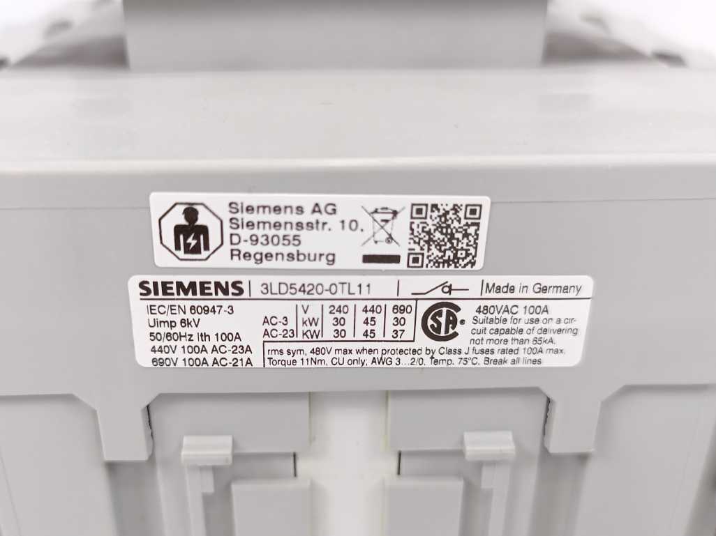 Siemens 3LD5420-0TL11 Switch Disconnector – 4-Pole, 100 A, IP65