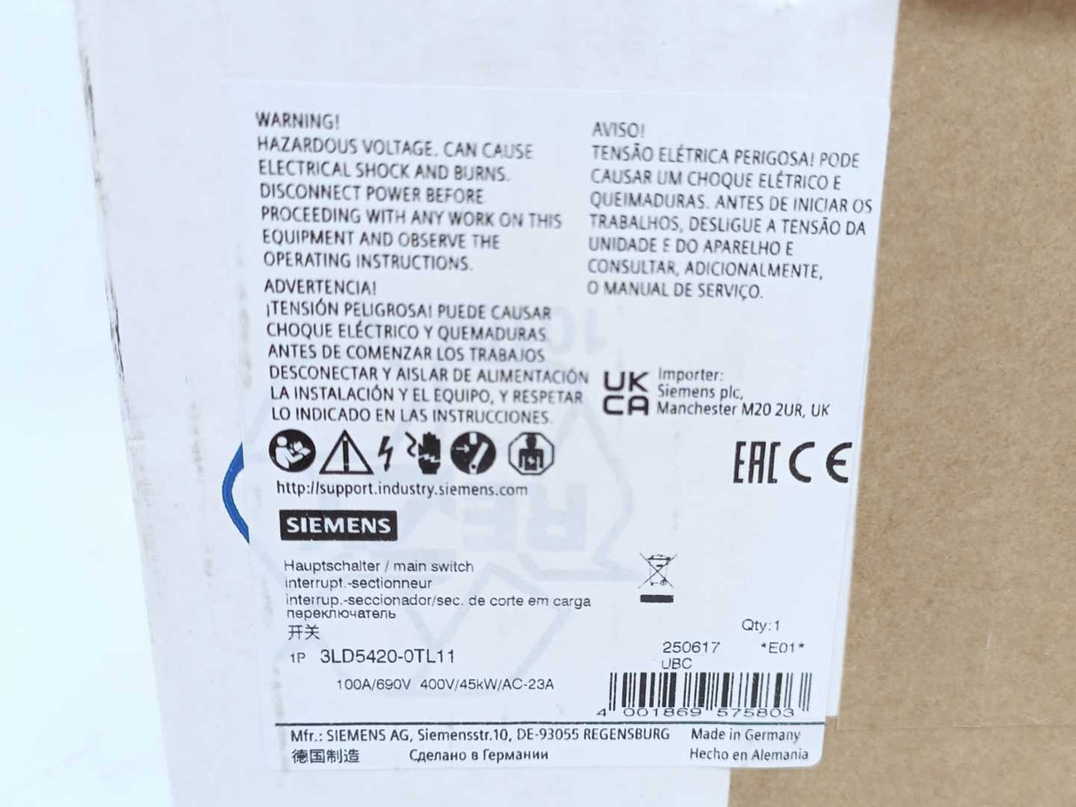 Siemens 3LD5420-0TL11 Switch Disconnector – 4-Pole, 100 A, IP65