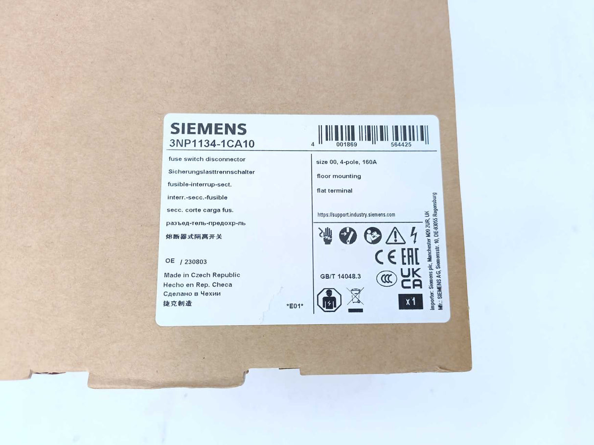 Siemens 3NP1134-1CA10 Switch Disconnector - 4-Pole, NH00, 160 A